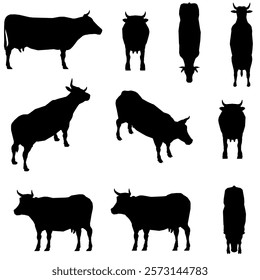 Series of black and white cow silhouettes are shown, with one cow standing and the others in various positions. Scene is calm and peaceful, as the cows are depicted in a serene and natural setting