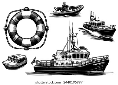 A series of black and white drawings of boats and a life preserver. Scene is calm and peaceful, with the boats and life preserver floating on the water