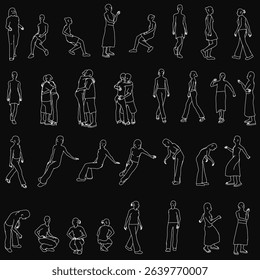 A series of black and white drawings of people in various poses. The drawings are of people in different positions, such as sitting, standing, and bending over. Scene is one of movement and action