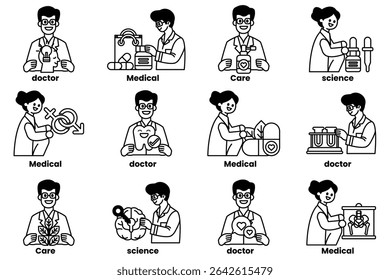 Uma série de desenhos em preto e branco de pessoas em profissões médicas. Os desenhos são rotulados com a profissão, como médico, enfermeiro e farmacêutico. O humor das imagens é sério