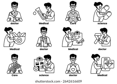 A series of black and white drawings of people in medical professions. The drawings are of doctors, nurses, and other medical professionals. The images are all smiling