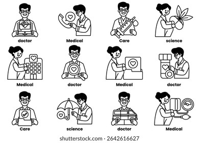 A series of black and white drawings of people in medical professions. The drawings are of a variety of people, including doctors, nurses, and other medical professionals. The drawings are all smiling