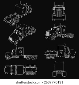 A series of black and white drawings of a semi truck. The truck is shown from the side, with the cab and trailer. The drawings are all different angles and perspectives of the truck