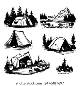 A series of black and white drawings of tents and campers in the woods. The mood of the images is peaceful and serene, with the tents and campers blending in with the natural surroundings