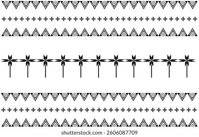 a series of black and white geometric patterns arranged in horizontal bands. Each band has a distinct repetitive motif, combining traditional tribal or folk-inspired designs with modern symmetry. The 