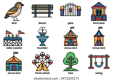 A series of black and white icons of various buildings and structures, including a bird, a bench, a fountain, a carousel, a circus tent, a house, a park, a playground, a birdhouse, a bird, a birdhouse