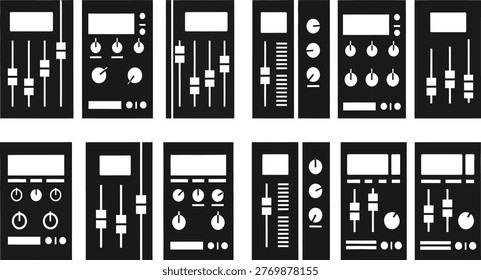 A series of black and white illustrations depicting vintage audio equipment panels, including equalizers and amplifiers, arranged in a grid.