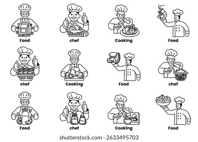 A series of black and white images of chefs and food. The images are labeled with words such as "Food," "Chef," "Cooking," and "Food Service." The mood of the images is cheerful and positive