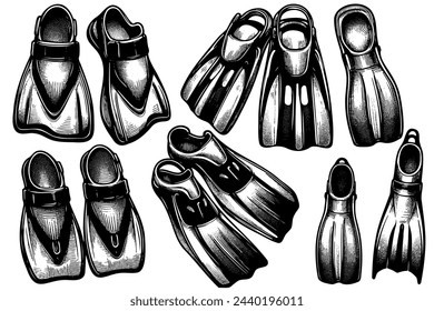 A series of black and white images of swim fins. The fins are all different sizes and shapes, but they all have the same basic design