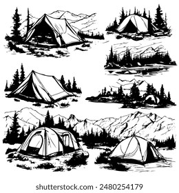 A series of black and white images of tents and mountains. The mood of the images is peaceful and serene, with the tents and mountains providing a sense of solitude and tranquility