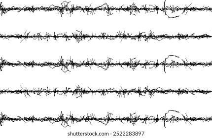 a series of black and white lines with a tree in the middle, A set of black and white fence lines with different shapes, a border wire with barbed wire, barbed with a line