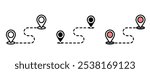 Series of black and white route icons that represent a path. The route icons are spaced out and are connected by lines in outline, silhouette and editable colors in unexpandable vector form