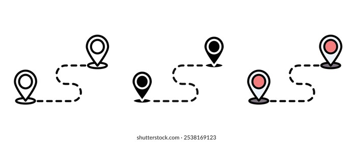 Serie de iconos de ruta en blanco y negro que representan un camino. Los íconos de ruta están espaciados y están conectados por líneas en contorno, silueta y colores editables en forma de Vector inexpandible