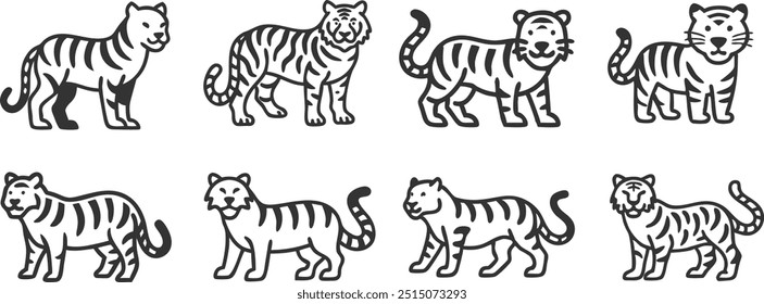 Uma série de desenhos de tigre preto e branco. Os desenhos são todos de tamanhos diferentes e são dispostos em uma linha
