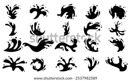 A series of black and white water splashes. The splashes are of various sizes and shapes, with some being more elongated than others. Scene is playful and energetic
