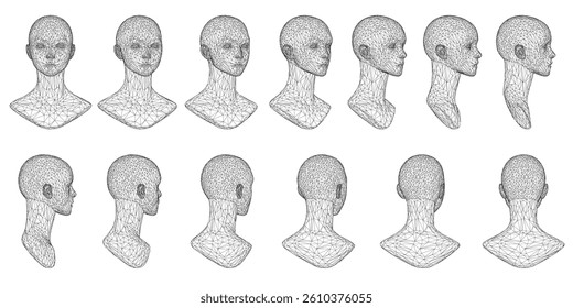 A series of black and white wireframe of heads. The illustration are all of the same person, but the heads are different sizes and angles. The heads are all in a row