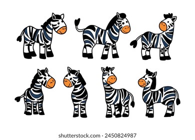 A series of black and white zebra drawings. The zebra drawings are all facing the same direction and are all standing upright