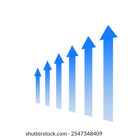 A series of blue arrows pointing upwards. The arrows are arranged in a row, with the first arrow pointing to the left and the last arrow pointing to the right. Concept of growth and progress