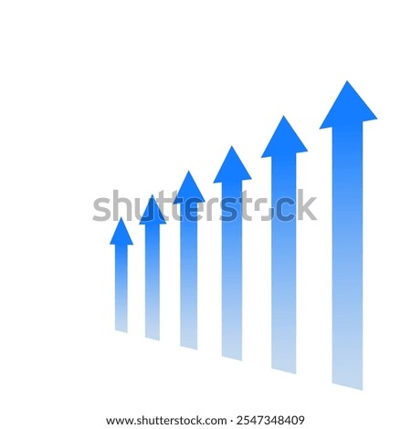 A series of blue arrows pointing upwards. The arrows are arranged in a row, with the first arrow pointing to the left and the last arrow pointing to the right. Concept of growth and progress