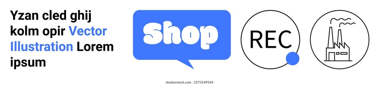 Series of blue and black icons including a shop speech bubble, a REC button, and an industry scene, with placeholder text. Ideal for e-commerce, retail, recording, industrial, and business-related