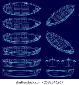 A series of blue drawings of boats, each one showing a different part of the boat. The drawings are in blue and are arranged in a grid