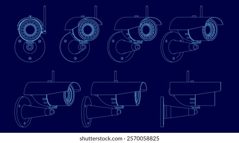 Series of blue drawings of a camera lens. The drawings are all different sizes and angles. Scene is somewhat abstract and artistic