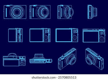 Series of blue drawings of cameras, each with a different view of the camera. The mood of the images is somewhat abstract and artistic, with the focus on the shapes