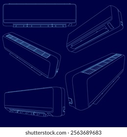 Series of blue drawings of a central air conditioner. The drawings are all the same size and are all of the same color