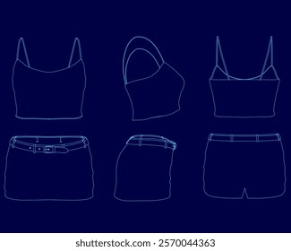 Series of blue drawings of clothing, including a shirt, shorts, and a belt. The drawings are all in blue and are stylized to look like they are in a comic book