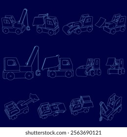 Series of blue drawings of construction vehicles. Scene is industrial and mechanical. The vehicles are all different sizes and shapes, but they all have a similar design