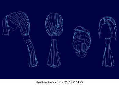 Series of blue drawings of different hairstyles. The drawings are stylized and abstract, with each one featuring a different type of hair accessory. Scene is playful and whimsical