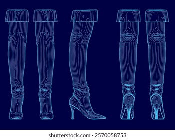 Series of blue drawings of feet and legs. The drawings are of different heights and angles, and they all have a similar style. Scene is somewhat whimsical and playful, as if the feet