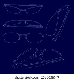 Series of blue drawings of glasses. The drawings are of different styles and angles. Scene is artistic and creative