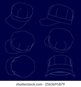 Series of blue drawings of hats. The hats are all different shapes and sizes. The drawings are in blue