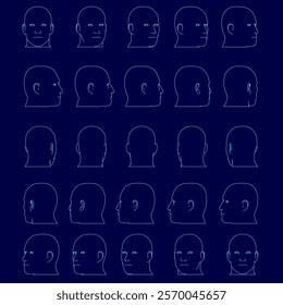 Series of blue drawings of heads. The drawings are all different angles, but they all have the same basic shape. Scene is somewhat abstract