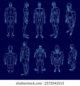 Series of blue drawings of human figures, each with a different pose. The drawings are all in blue, and the figures are all standing upright. Scene is somewhat somber