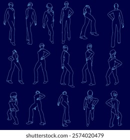 Series of blue drawings of people dancing. The drawings are all in the same pose and are all facing the same direction. Scene is energetic and lively