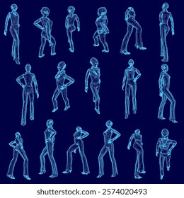 Series of blue drawings of people in various poses. The drawings are of people in different positions, some standing and some sitting. Scene is lighthearted and playful