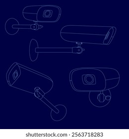 Series of blue drawings of security cameras. The drawings are all different sizes and angles, but they all have the same basic shape. Scene is somewhat ominous