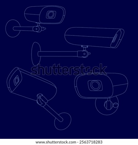Series of blue drawings of security cameras. The drawings are all different sizes and angles, but they all have the same basic shape. Scene is somewhat ominous