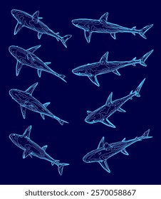 Series of blue drawings of sharks. The drawings are of different sizes and angles, but all feature the same basic shape of a shark. The overall mood of the images is calm and serene