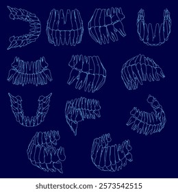 Series of blue drawings of teeth, each one slightly different from the next. The drawings are all in black and white, and they all have a somewhat eerie or unsettling feeling to them