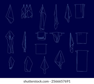 Series of blue drawings of towels hanging on a rack. The towels are all different sizes and shapes