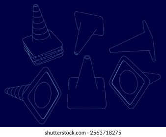 Series of blue drawings of traffic cones. The cones are all different shapes and sizes. Scene is playful and whimsical