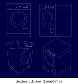 Series of blue drawings of a washing machine. The drawings are all different angles of the same machine