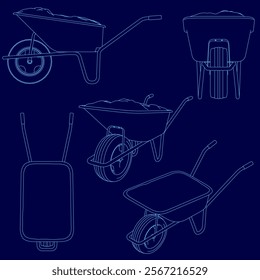 Series of blue drawings of wheelbarrows. The drawings are all different sizes and angles, but they all have the same basic design. The mood of the images is somewhat whimsical and playful