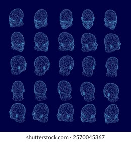 Series of blue faces are shown in a row. The faces are all different sizes and shapes, but they all have the same color scheme. The image gives off a feeling of uniformity and sameness