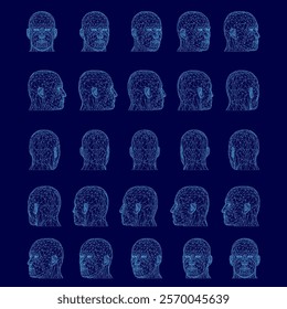 Series of blue faces are shown in a row. The faces are all different shapes, but they all have the same features. Concept of uniformity and sameness