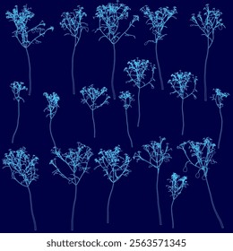 Series of blue flowers are shown in a pattern. The flowers are all different sizes and shapes, but they all have a similar blue hue. The image has a calming and serene mood