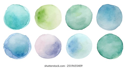 A series of blue and green circles, each with a different shade of blue. The circles are painted with a watercolor technique, giving them a soft and fluid appearance